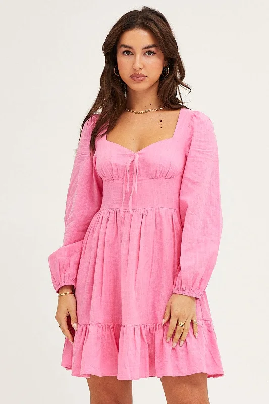 Mini Dresses for Chic Events -Pink Skater Dress Puff Sleeve Mini