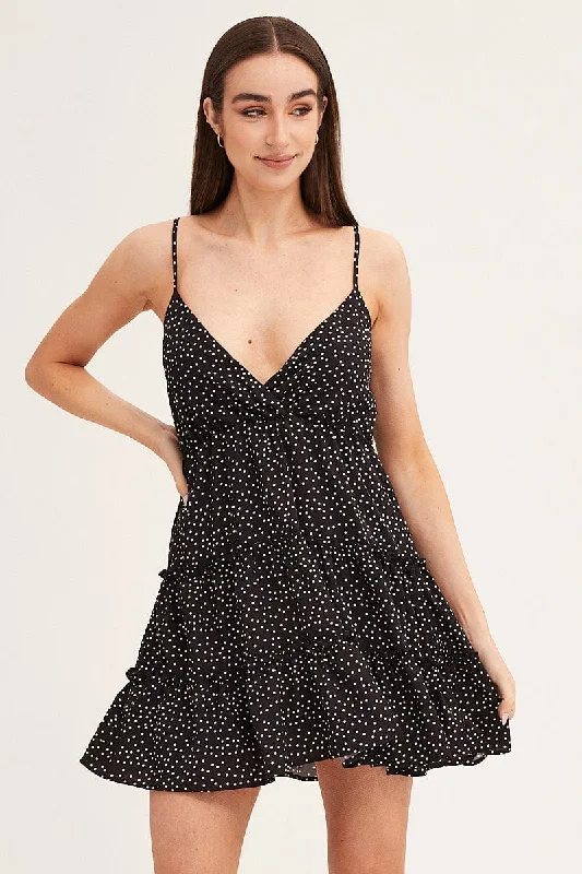 Mini Dresses for Stylish Evening -Polka Dot Skater Dress Mini V Neck Sleeveless