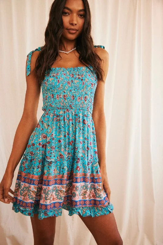 Mini Dresses with Lace Detailing -Print Boho Print Mini Dress Sleeveless Fit & Flare