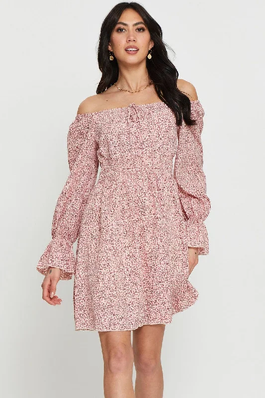 Mini Dresses with Embroidered Neckline -Print Mini Dress Long Sleeve