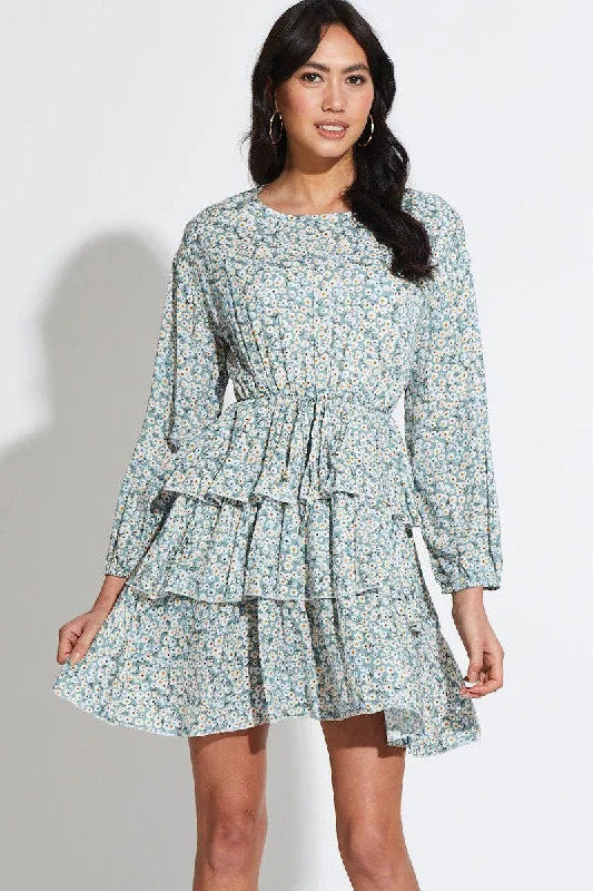 Mini Dresses with Blouson Waist -Print Mini Dress Long Sleeve