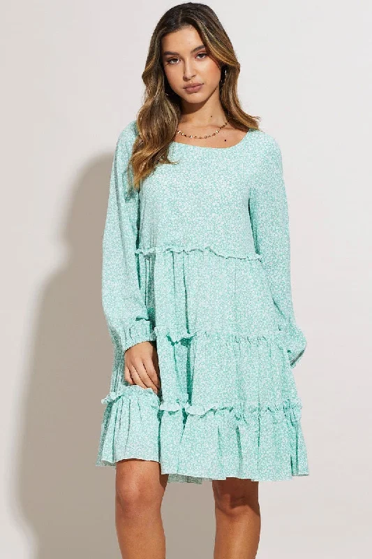 Mini Dresses with Satin Fabric -Print Mini Dress Long Sleeve