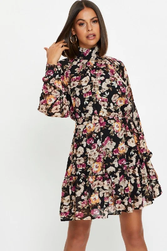 Mini Dresses with Flirty Ruffle -Print Mini Dress Long Sleeve