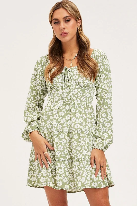 Mini Dresses with Simple Hem -Print Mini Dress Long Sleeve Square Neck