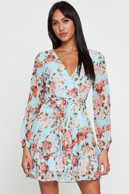 Mini Dresses with Sweet Lace -Print Mini Dress Long Sleeve V Neck