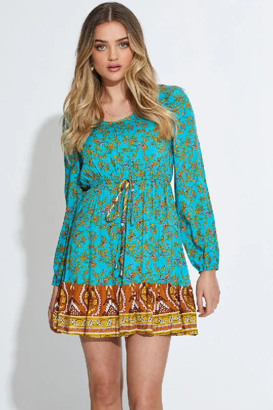 Mini Dresses with Flared Hem -Print Mini Dress Long Sleeve V Neck