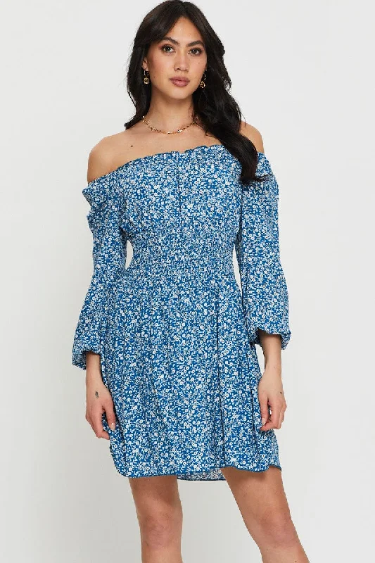 Mini Dresses with Bow Neck Detail -Print Mini Dress Off Shoulder