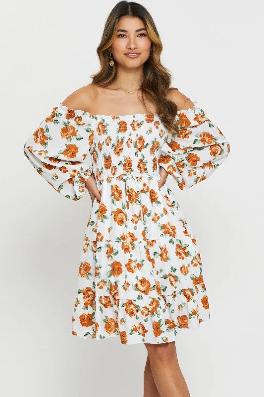 Mini Dresses with Box Pleat Detail -Print Mini Dress Off Shoulder