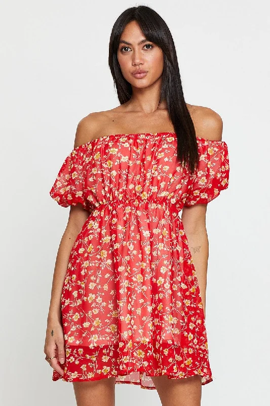 Mini Dresses with Artistic Prints -Print Mini Dress Off Shoulder