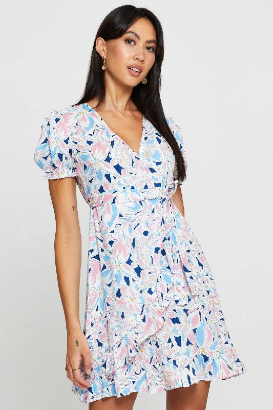 Mini Dresses for Winter Glam -Print Mini Dress Short Sleeve Fit And Flare