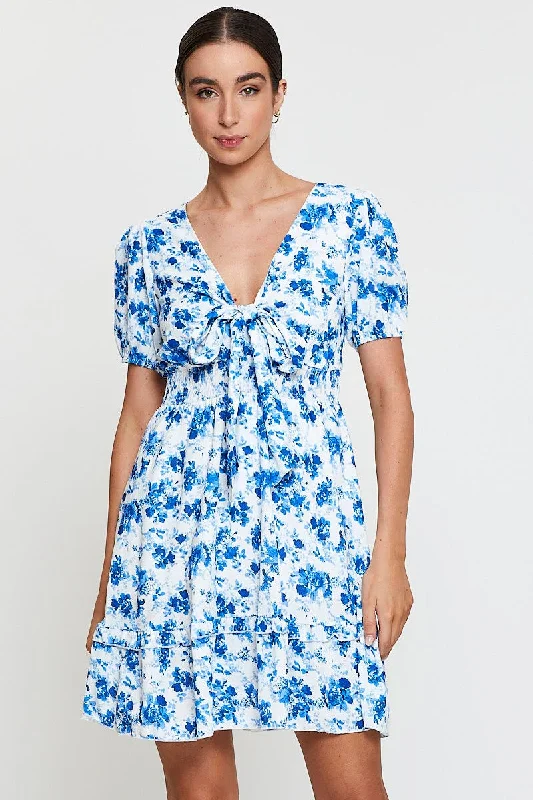 Mini Dresses for Cocktail Events -Print Mini Dress Short Sleeve V Neck Tie