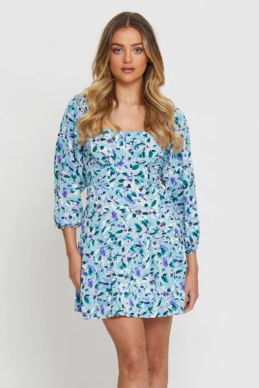 Mini Dresses for Formal Luncheons -Print Mini Dress Square Neck