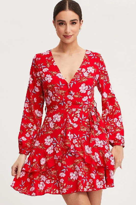 Mini Dresses for Garden Soirees -Print Skater Dress Long Sleeve Mini