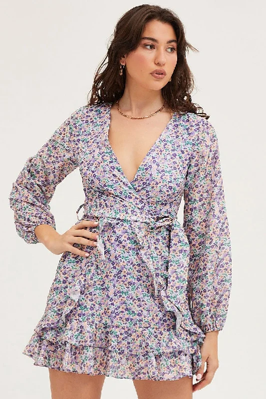 Mini Dresses with Adjustable Straps -Print Skater Dress Long Sleeve Mini