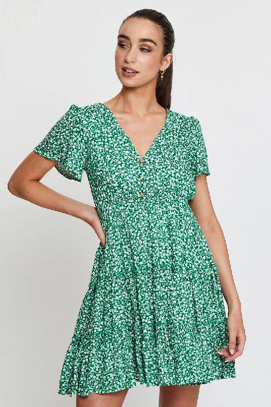 Mini Dresses with Side Pleats -Print Skater Dress Short Sleeve Mini