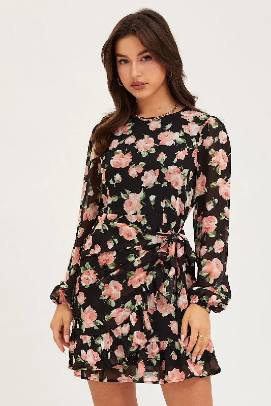 Mini Dresses with Satin Skirt -Print Wrap Dress Long Sleeve Mini Ruffle