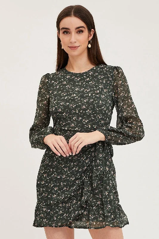 Mini Dresses with Satin Waist -Print Wrap Dress Long Sleeve Mini Ruffle