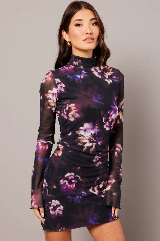 Mini Dresses for Summer Events -Purple Abstract Bodycon Dress High Neck Mini Long Sleeve