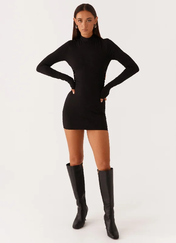 Mini Dresses with Smocked Waistline -Raven Long Sleeve Mini Dress - Black