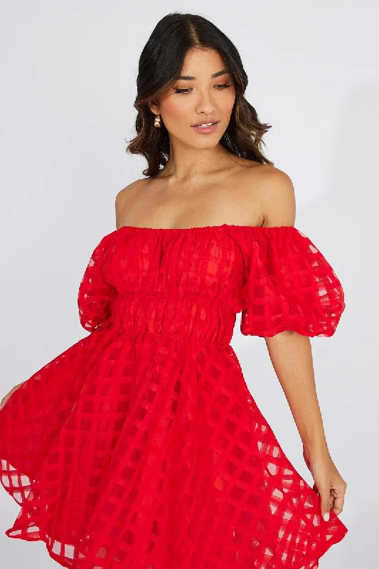 Mini Dresses for Summer Celebrations -Red Fit And Flare Dress Puff Sleeve Mini