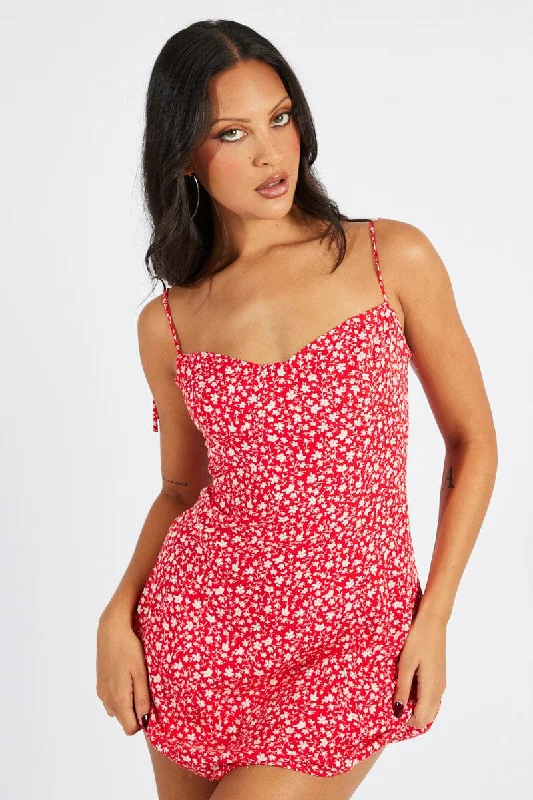 Mini Dresses for Formal Gatherings -Red Floral Mini Dress Sleeveless