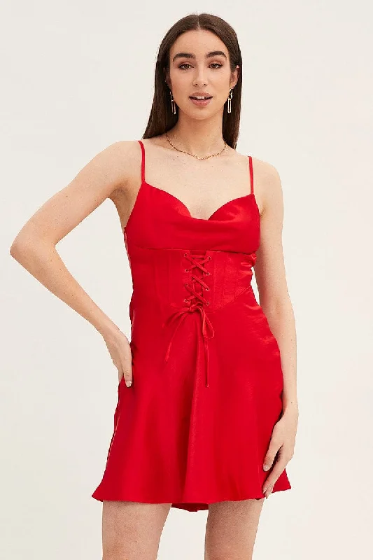 Mini Dresses with Smocked Bodice -Red Mini Dress Sleeveless Cowl Neck Corset Waist Satin