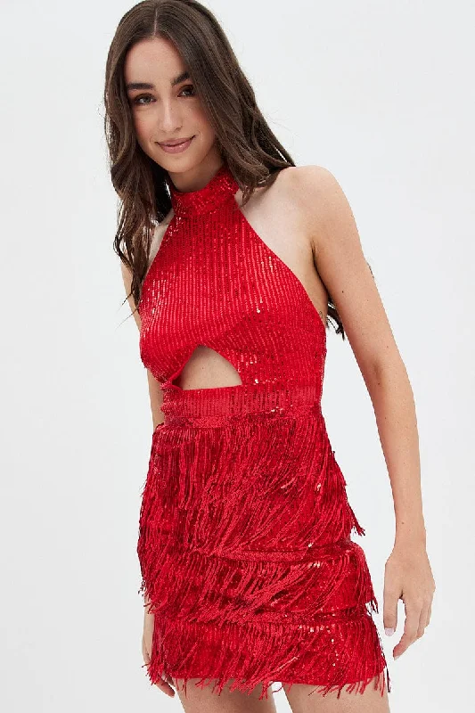 Mini Dresses with Embroidered Top -Red Party Bodycon Halter Mini Dress Tassels