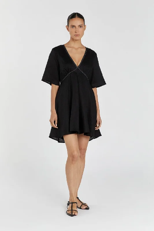 Mini Dresses with Cross Front Design -RHODES BLACK LINEN MINI DRESS