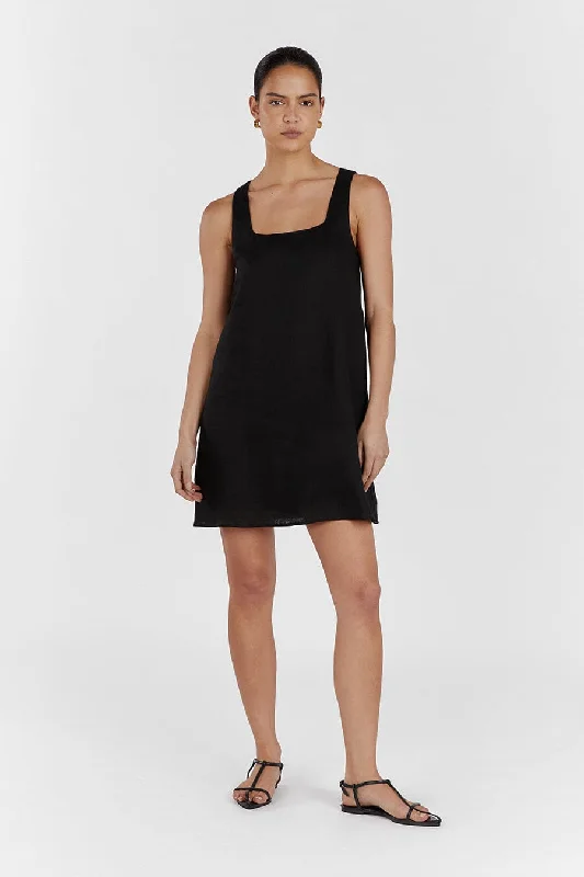 Mini Dresses with Asymmetrical Hem -SHANNON BLACK LINEN MINI DRESS