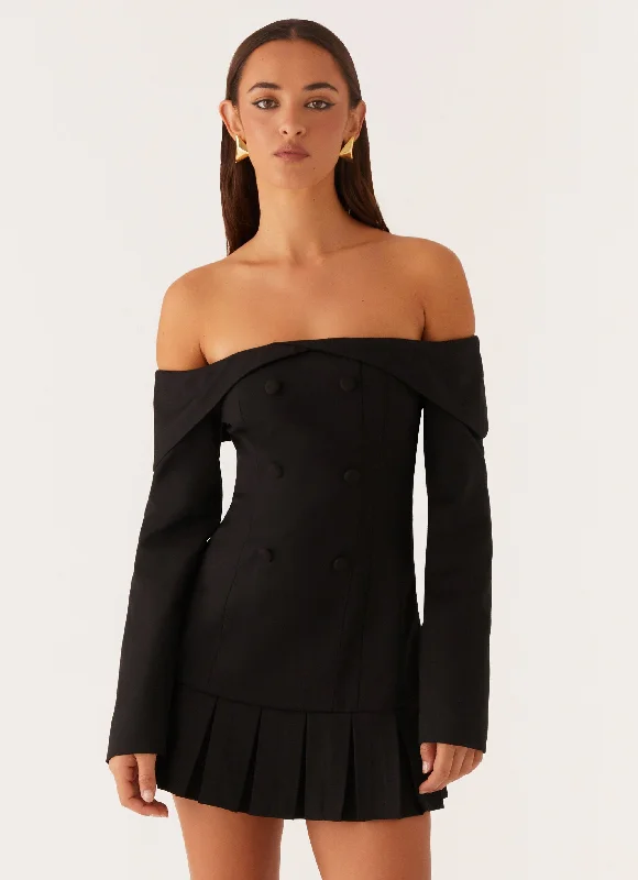 Mini Dresses with Bow Neck Detail -Tarlisha Off Shoulder Long Sleeve Mini Dress - Black