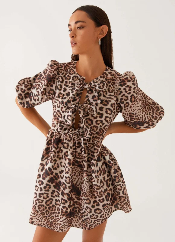 Mini Dresses with Side Drapes -Western Wind Tie Mini Dress - Leopard