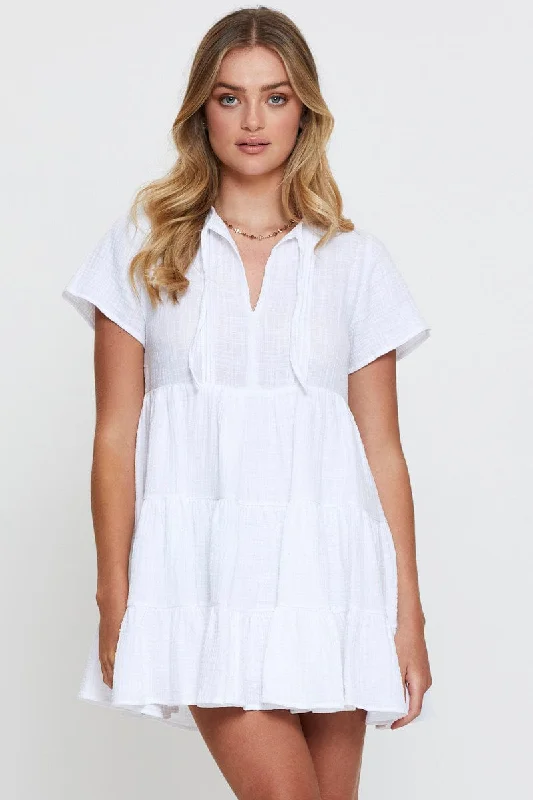 Mini Dresses with Classic Waistline -White A Line Dress Mini