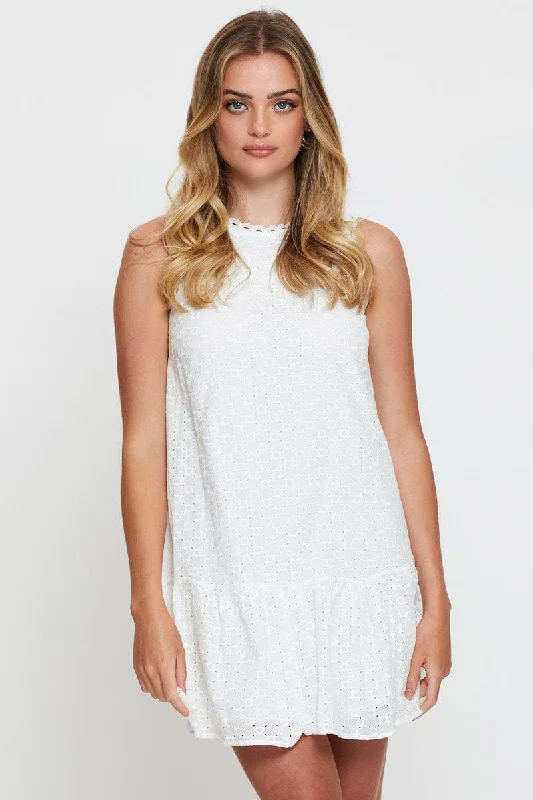 Mini Dresses with Simple Neckline -White A Line Dress Mini