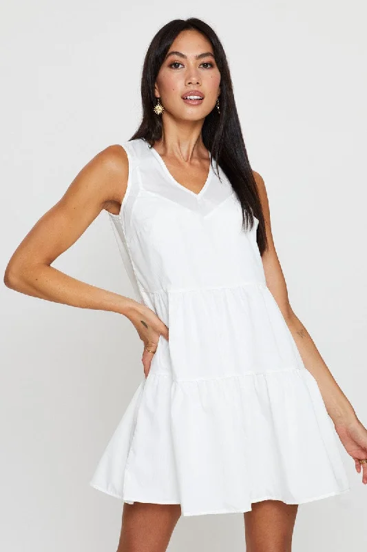 Mini Dresses with Sweetheart Neckline -White A Line Dress Mini V Neck