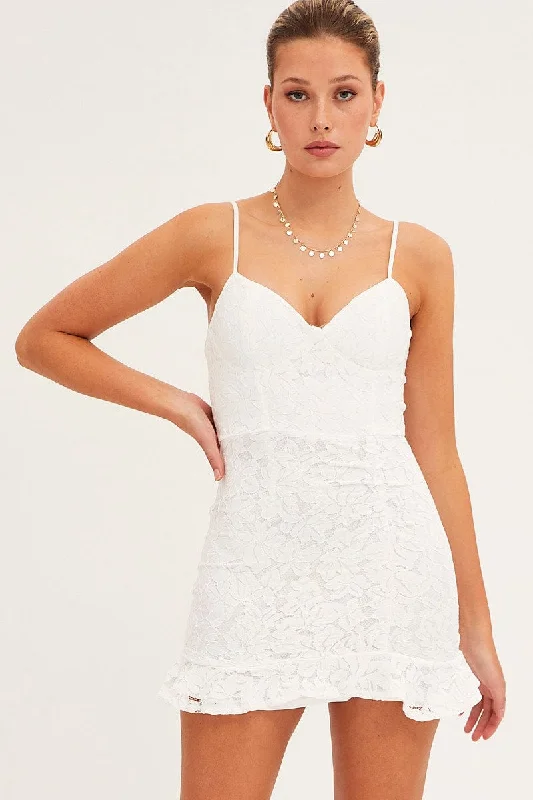 Mini Dresses with Back Pleat Detail -White Bodycon Dress Sleeveless Mini V-Neck Lace