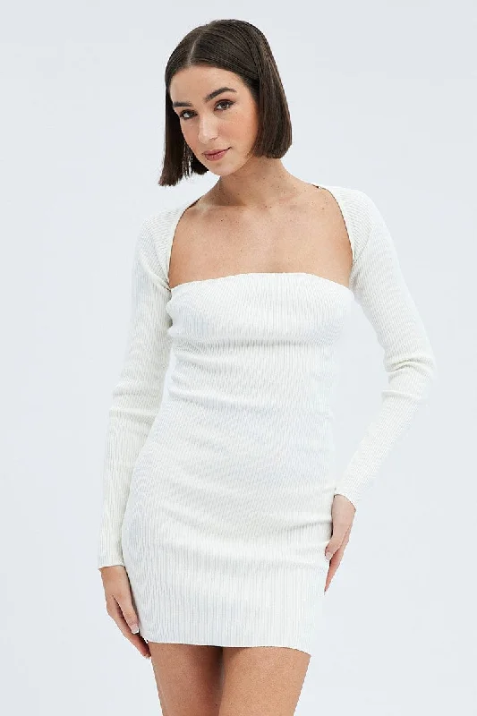 Mini Dresses with Bow Tie Waist -White Dress & Shrug Set Long Sleeve Strapless Mini Knit