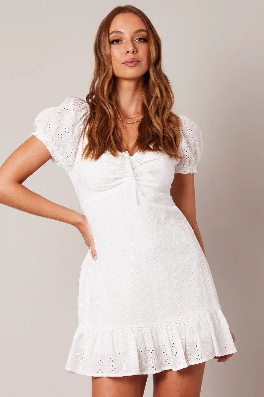 Mini Dresses with Sheer Bodice Detail -White Fit And Flare Dress Puff Sleeve Mini