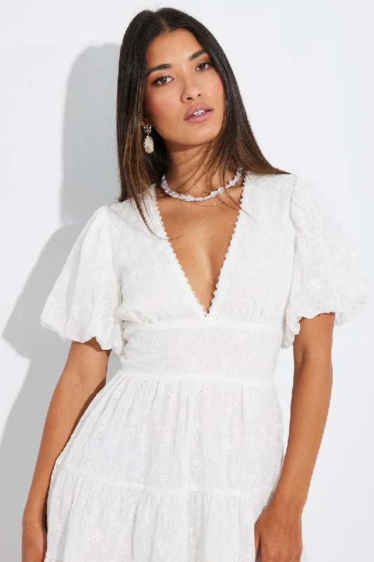 Mini Dresses with Relaxed Hem -White Fit And Flare Dress Puff Sleeve Mini