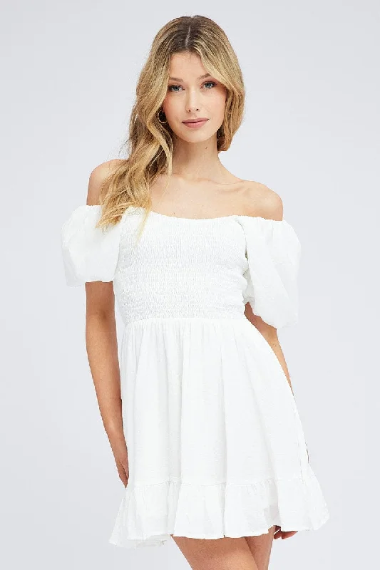 Mini Dresses for Summer Nights -White Fit And Flare Dress Shirred Bust Mini