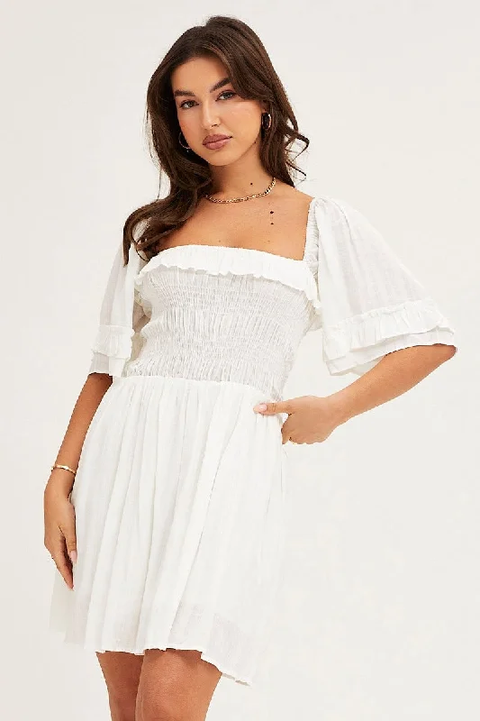 Mini Dresses with Pleated Top -White Mini Dress Short Sleeve