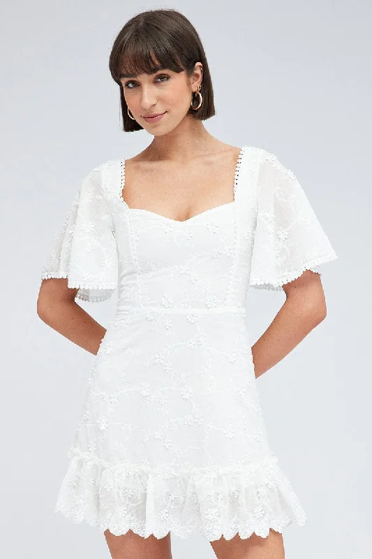 Mini Dresses for Daytime Wear -White Mini Dress Wing Sleeve Cotton Lace