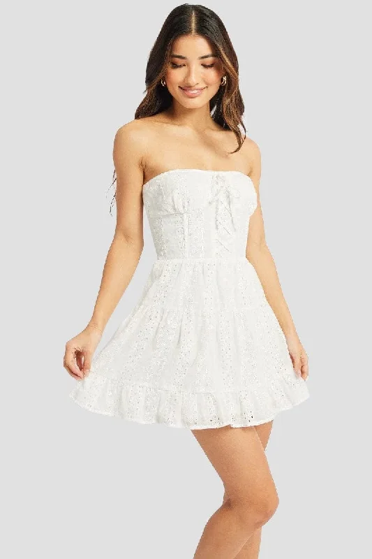 Mini Dresses for Hot Summer Days -White Strapless Mini Dress Eyelet Fabric