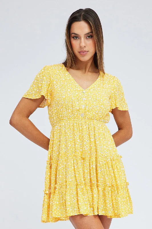 Mini Dresses with Ruffled Edge -Yellow Ditsy Fit And Flare Dress Short Sleeve Mini