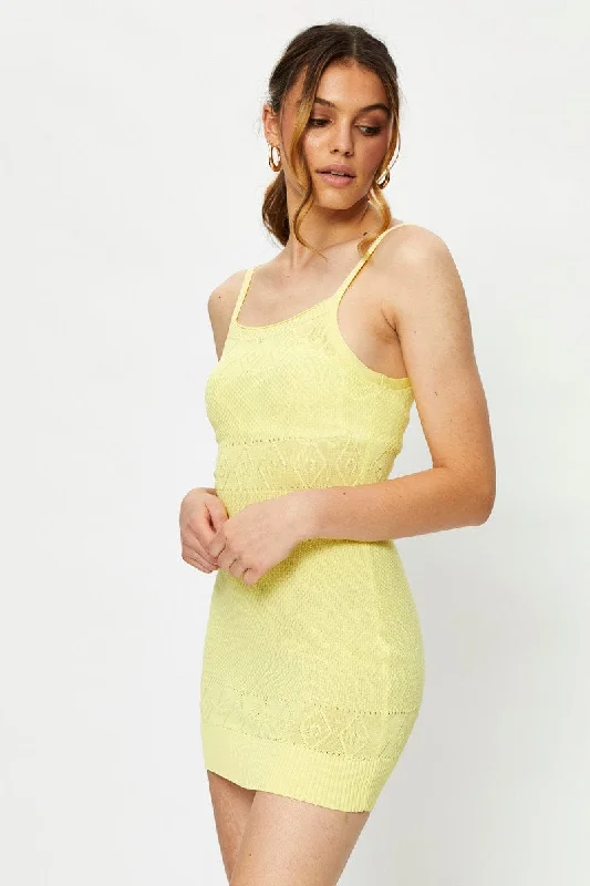 Mini Dresses with Embroidered Skirt -Yellow Knit Dress Sleeveless Mini